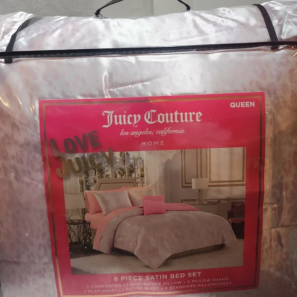 Juicy Couture Pink and Silver Satin Comforter Set - Queen